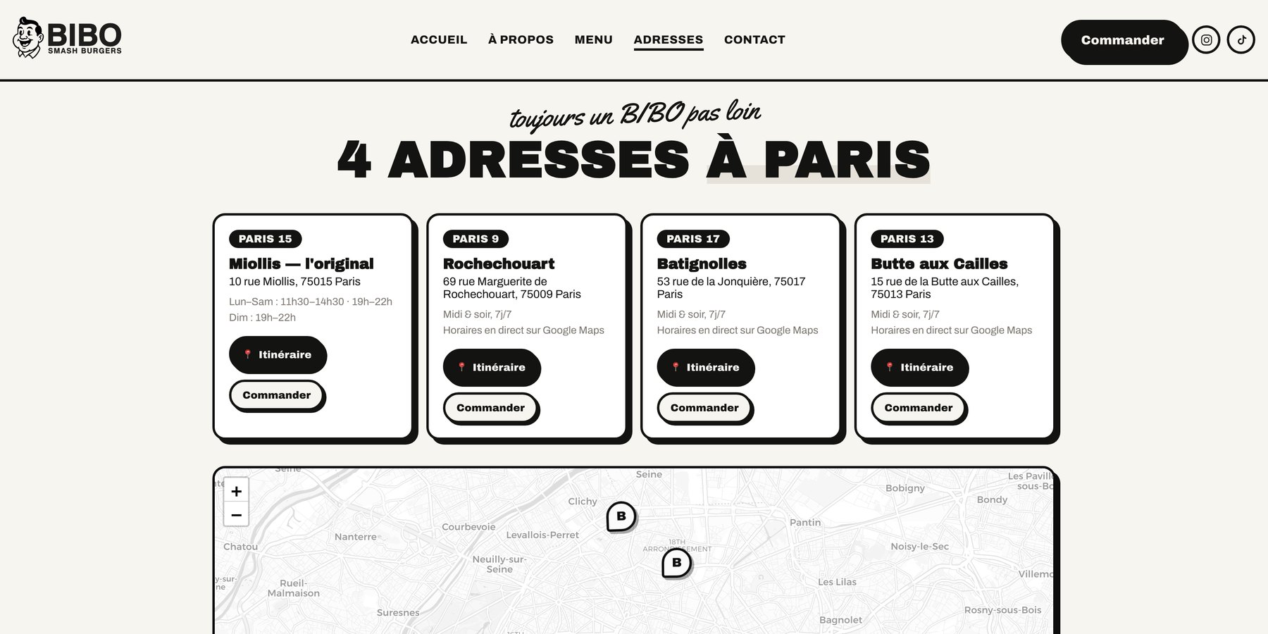 Page Adresses du site BIBO Smash Burgers