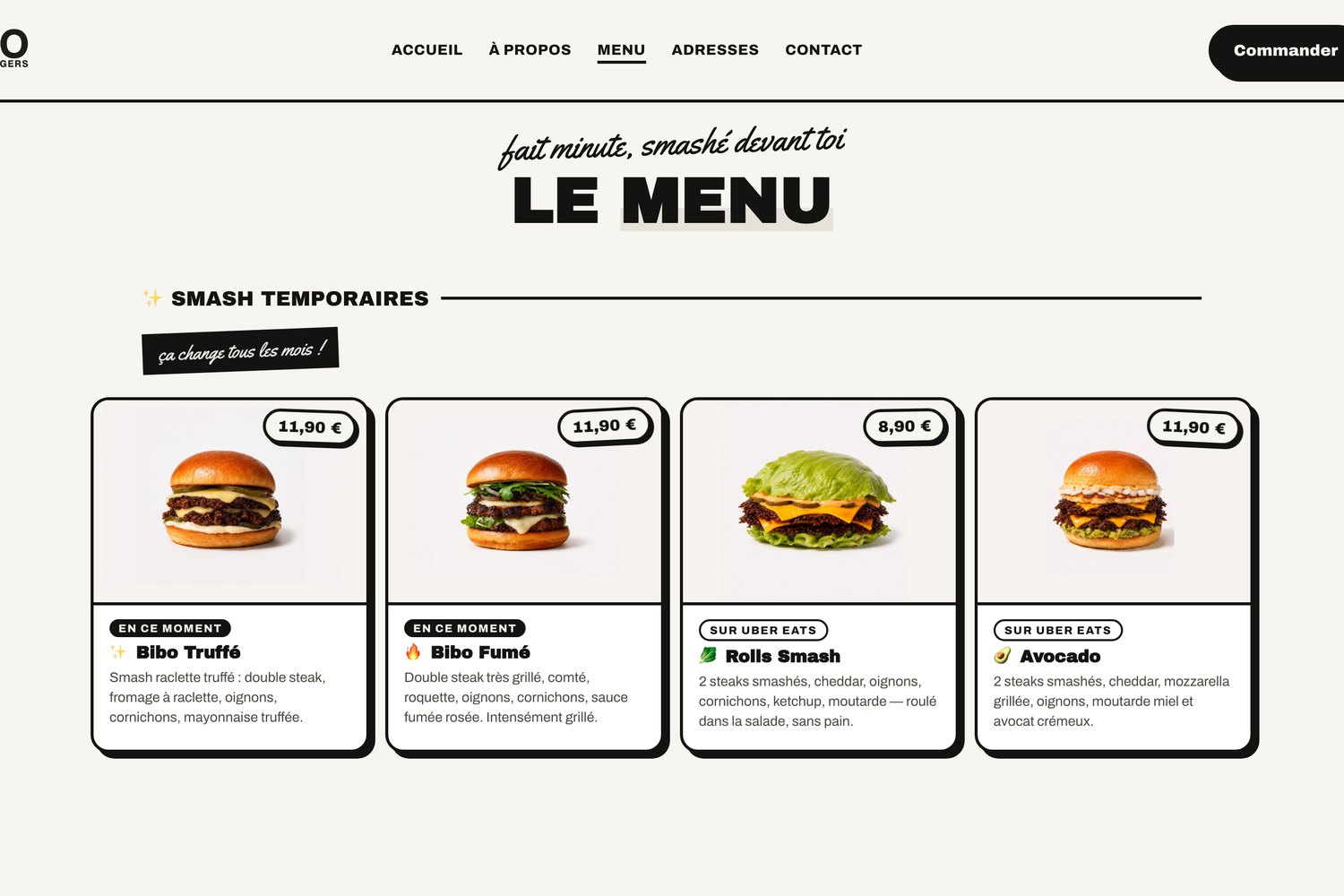 Page Menu du site BIBO Smash Burgers